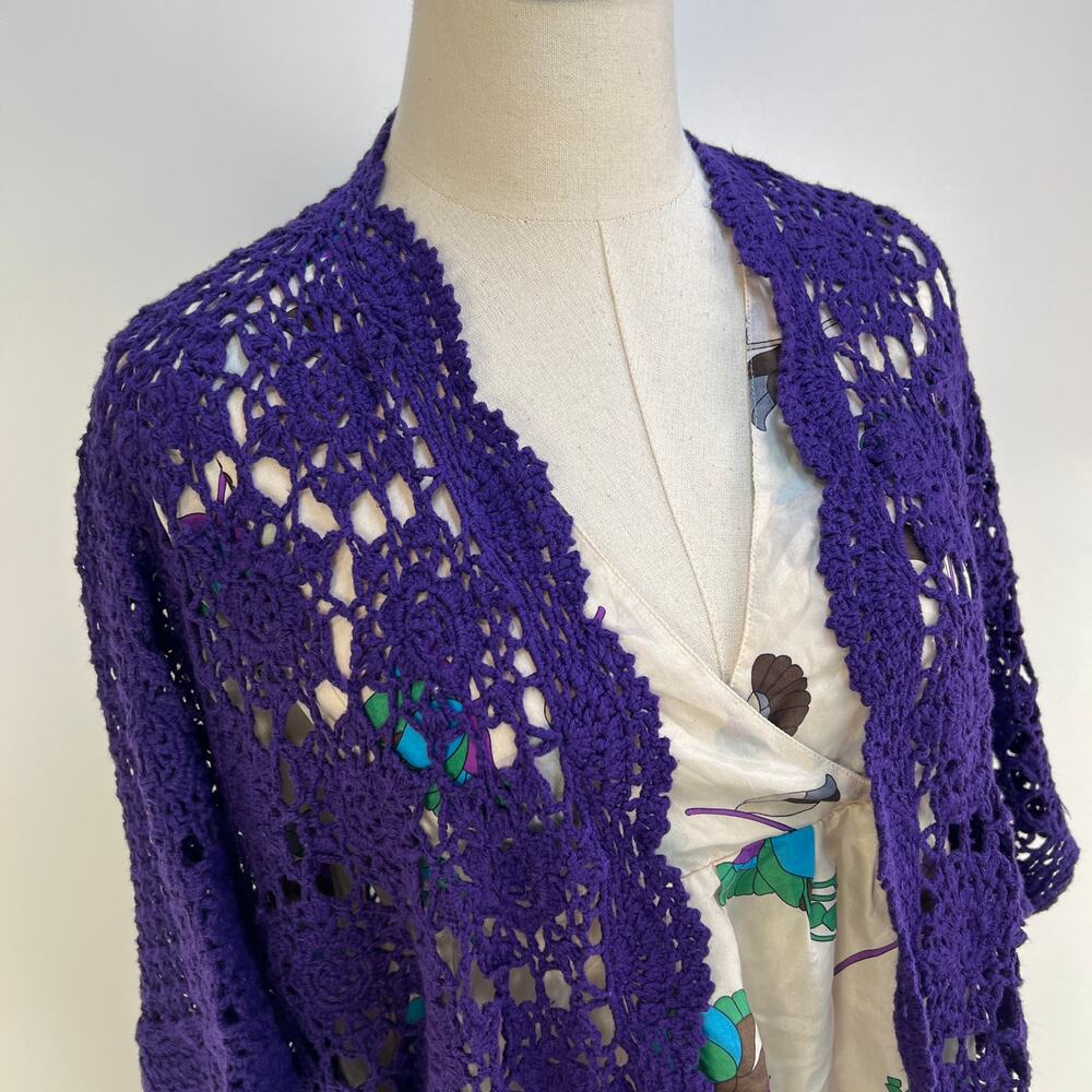 Crochet Open Front Cardigan Purple Boho - Picture 2 of 7
